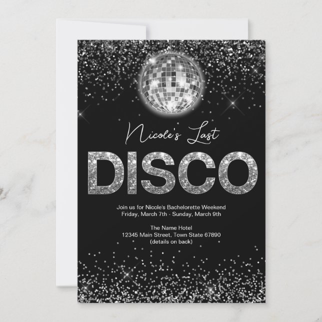 Letzte Disco Glamour Bachelorette Wochenende Einladung (Vorderseite)