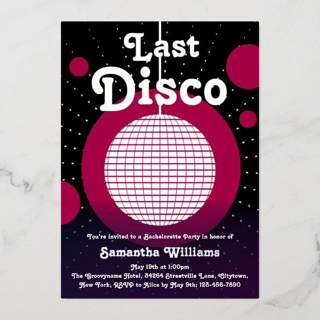 Letzte Disco Junggeselinnen-Abschied Einladung (Vorderseite)