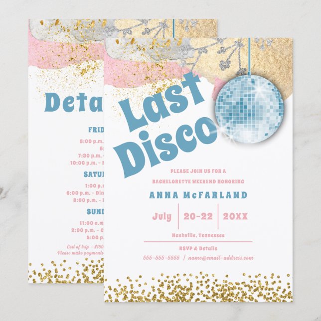 Letzte Disko Retro Glam Bachelorette Blauer Rosa Einladung (Vorne/Hinten)