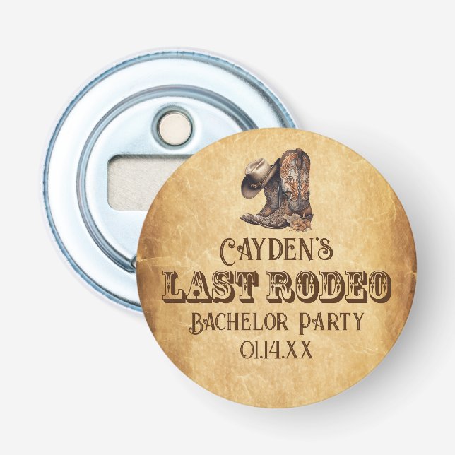 Letzte Rodeo Cowboy Grunge Brown Bachelor Party Flaschenöffner (Vorderseite)