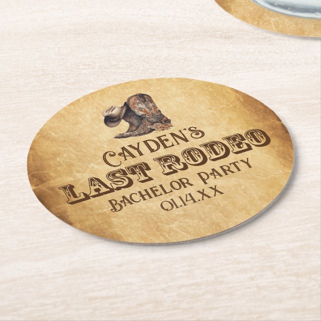 Letzte Rodeo Cowboy Grunge Brown Bachelor Party Runder Pappuntersetzer (Angewinkelt)