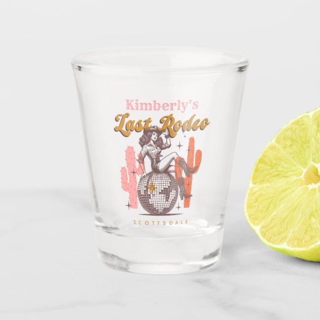 Letzte Rodeo Cowgirl Retro Disco Junggeselinnen-Ab Schnapsglas (Vorderseite)