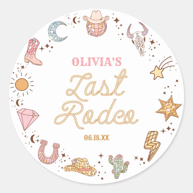 Letzte Rodeo Disco Cowgirl Bachelorette Wochenende Runder Aufkleber (Vorderseite)