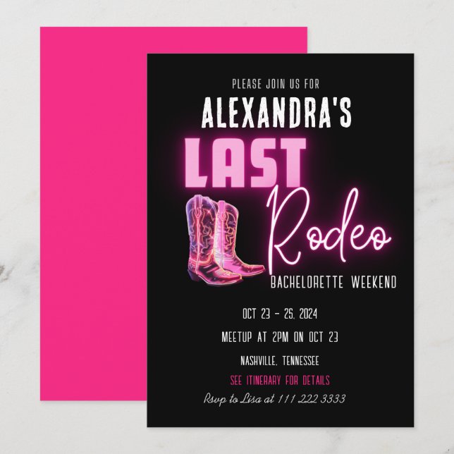 Letzte Rodeo Hot Pink Neon Cowboy Boots Bacheloret Einladung (Vorne/Hinten)