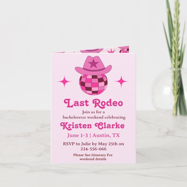 Letzte Rodeo Pink Disco Cowgirl Bachelorette Einladung (Vorderseite)