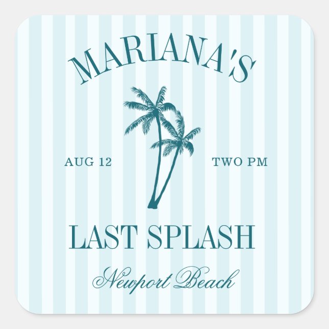 Letzte Splash Blue Aquamarin Palms Bachelorette Quadratischer Aufkleber (Vorderseite)