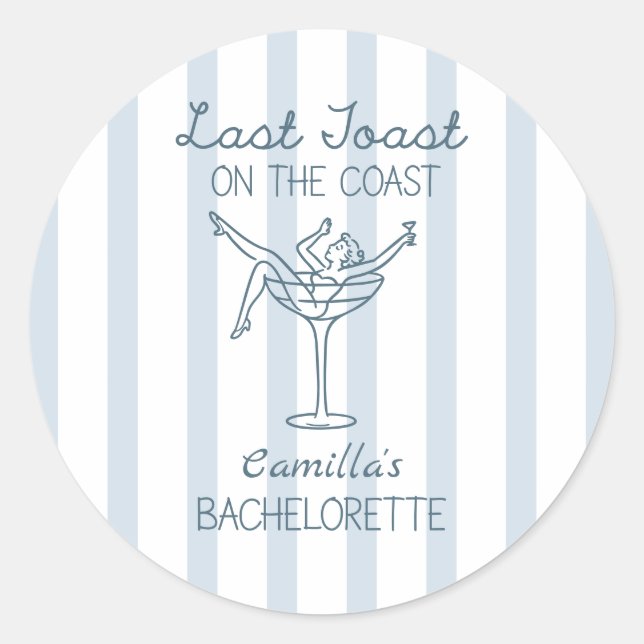 Letzten Toast an der Küste Whimsical Bachelorette Runder Aufkleber (Vorderseite)