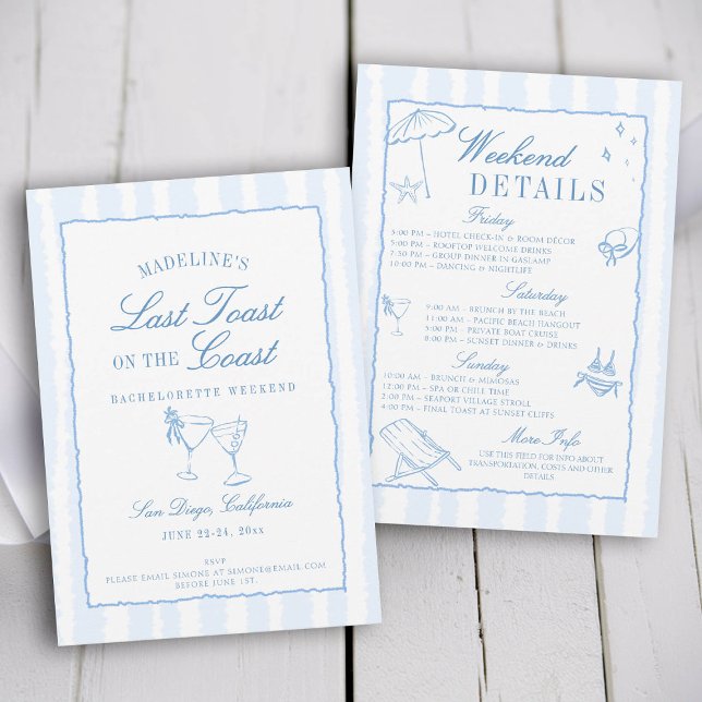 Letzten Toast auf den Blue Stripes Bachelorette Kü Einladung (last toast on the coast bachelorette party itinerary hand drawn script calligraphy stripes frame)