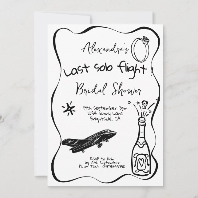 Letzter Solo-Flug Gezeichnet Bridal Dusche Einladu Einladung (Vorderseite)