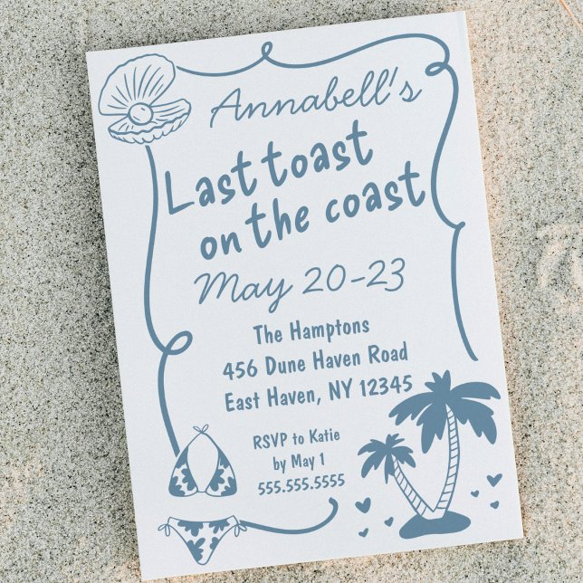 Letzter Toast auf der Hand Drawn Bachelorette Einladung (hand drawn "last toast on the coast" bachelorette party weekend itinerary invitation beach invite)