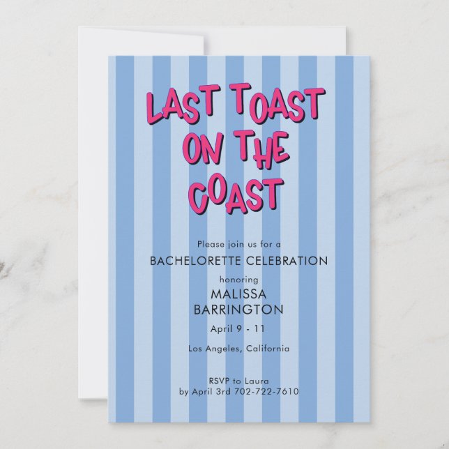 Letzter Toast Blue Striping Bachelorette mit QR-Co Einladung (Vorderseite)