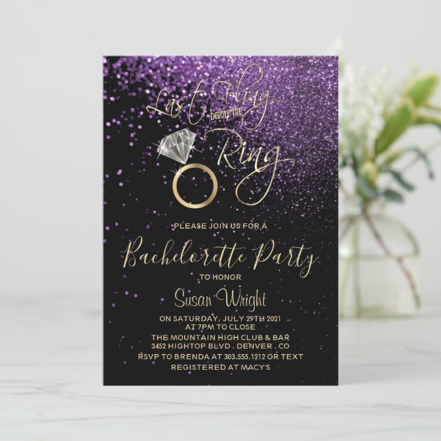 Letztes Fling vor dem Ring Bachelorette Lila Einladung (Stehend Vorderseite)