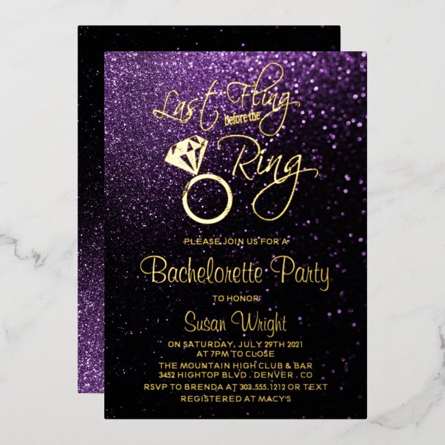 Letztes Fling vor dem Ring Bachelorette Lila Folieneinladung (Vorderseite/Rückseite)