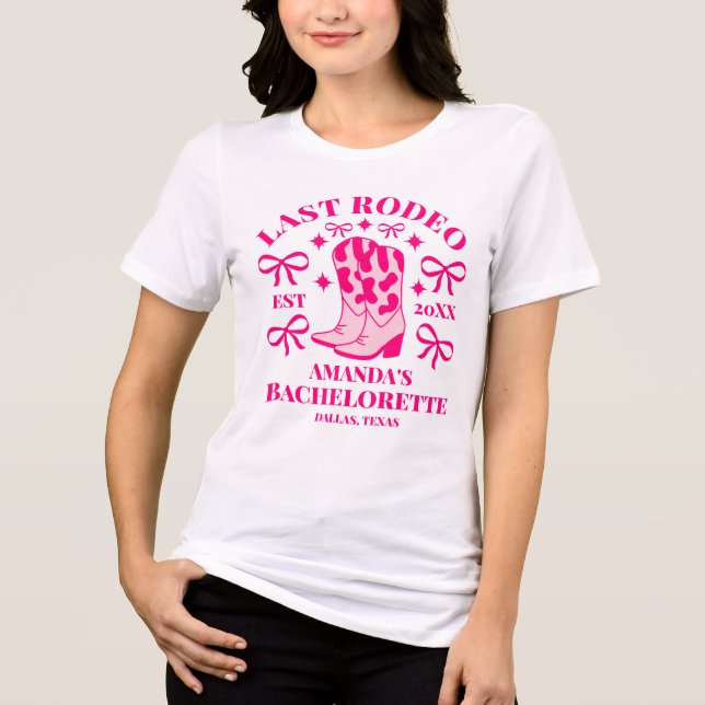 Letztes Rodeo Pink Cowgirl Boots & Bows Bacheloret Tri-Blend Shirt (Vorderseite)