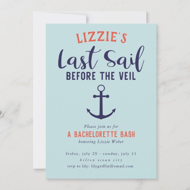 Letztes Segel vor dem Schleier Nautical Bacheloret Einladung (Vorderseite)