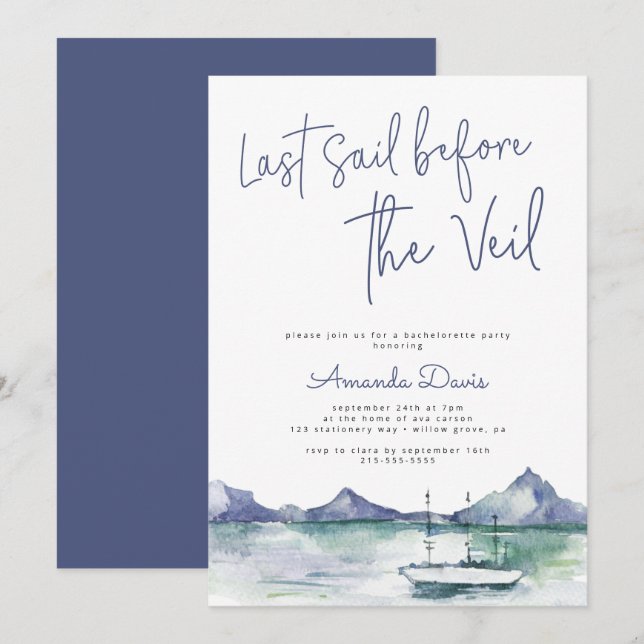 Letztes Segel vor Veil Nautical Modern Bachelorett Einladung (Vorne/Hinten)