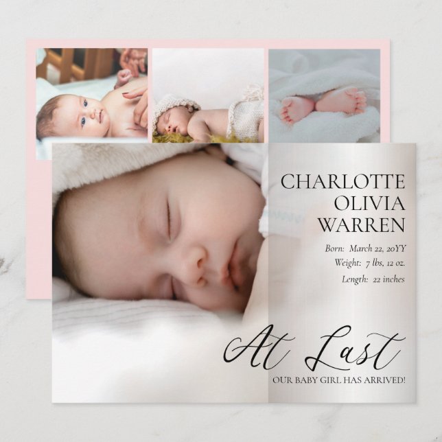 Letztes Skript 4 Foto Baby Pink Birth Ankündigung (Vorne/Hinten)