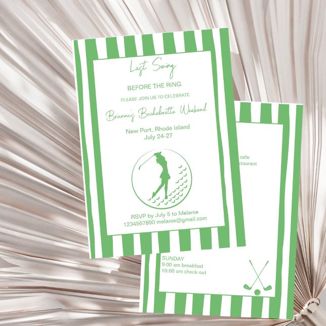 Letztes Swing Golf Bachelorette Wochenende Einladung (Last swing before the ring golf country club Bachelorette weekend itinerary Invitation template)