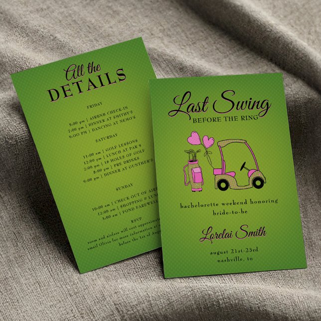 Letztes Swing vor dem Ring Golf Junggeselinnen-Abs Einladung ( Last Swing Before the Ring! Pink & Green Golf-Themed Bachelorette Weekend Invitation)