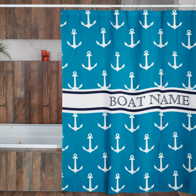 Leuchtblauer Ankermuster Nautical Boat Name Duschvorhang (Von Creator hochgeladen)