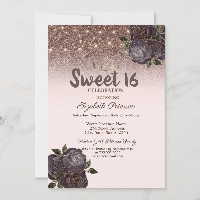 Leuchten, Chic Rose Glitzer Sweet 16 Einladung (Vorderseite)