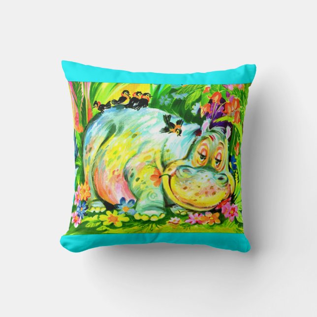 leuchtend bunter Hippopotamus und Vögel Kissen (Vorderseite)