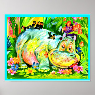 leuchtend farbige Nilpferde und Vögel Poster