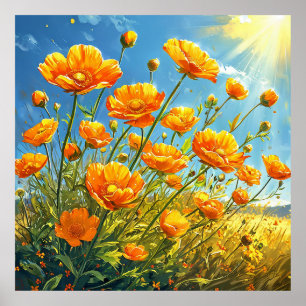 Leuchtend orangefarbenes Wildblumenfeld-Poster-Wan Poster