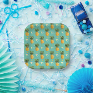 Leuchtende Ananas auf geometrischem Muster Pappteller