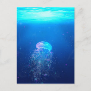 Leuchtende blaue Quallen schwimmen im mystischen O Postkarte