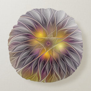 Leuchtende Bunte Blume, Abstrakte Moderne Fraktale Rundes Kissen