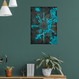 Leuchtende Cyan-Fantasie-Schatzkarte Neon-Kompassr Poster