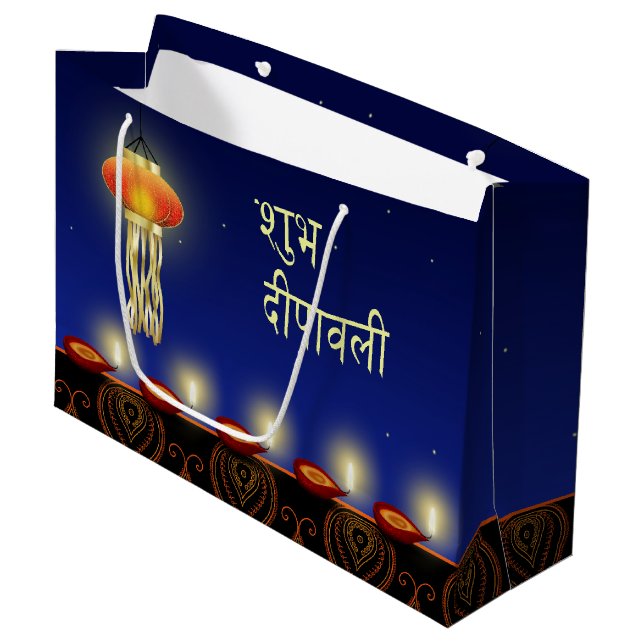 Leuchtende Diwali Lampe - große Geschenk-Tasche Geschenktüte (Vorderseite Schrägansicht)