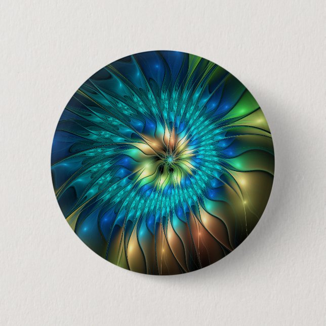 Leuchtende Fantasie-Blume, buntes Abstraktes Frakt Button (Vorderseite)
