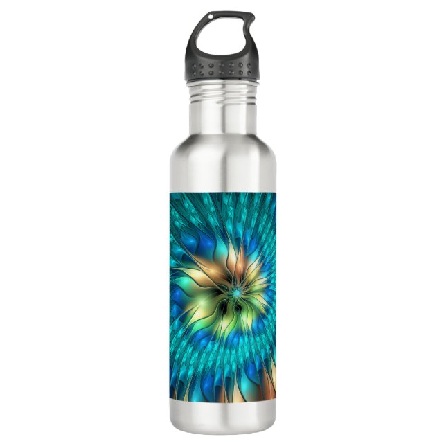 Leuchtende Fantasie-Blume, buntes Abstraktes Frakt Edelstahlflasche (Vorderseite)