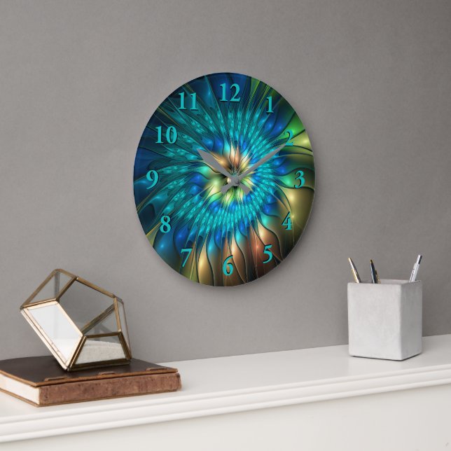Leuchtende Fantasie-Blume, buntes Abstraktes Frakt Große Wanduhr (Büro)