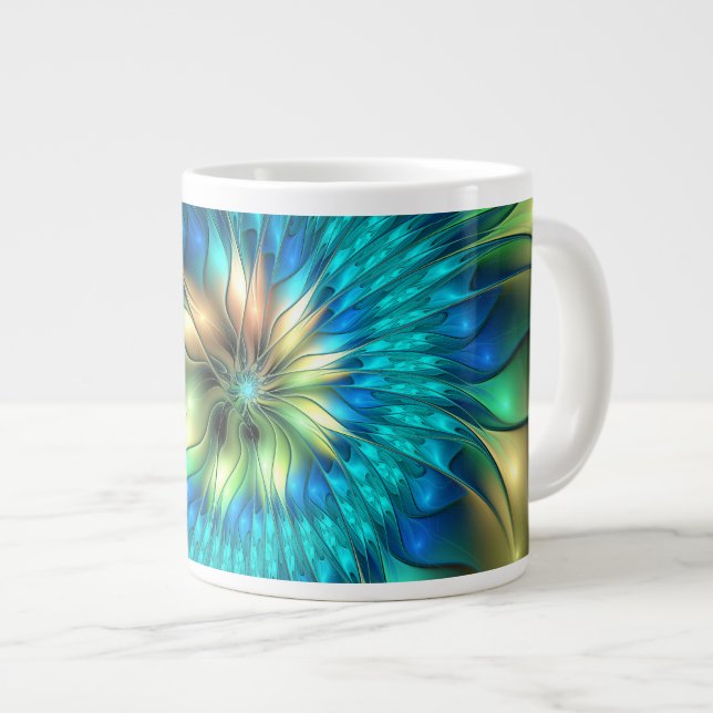 Leuchtende Fantasie-Blume, buntes Abstraktes Frakt Jumbo-Tasse (Vorderseite Rechts)