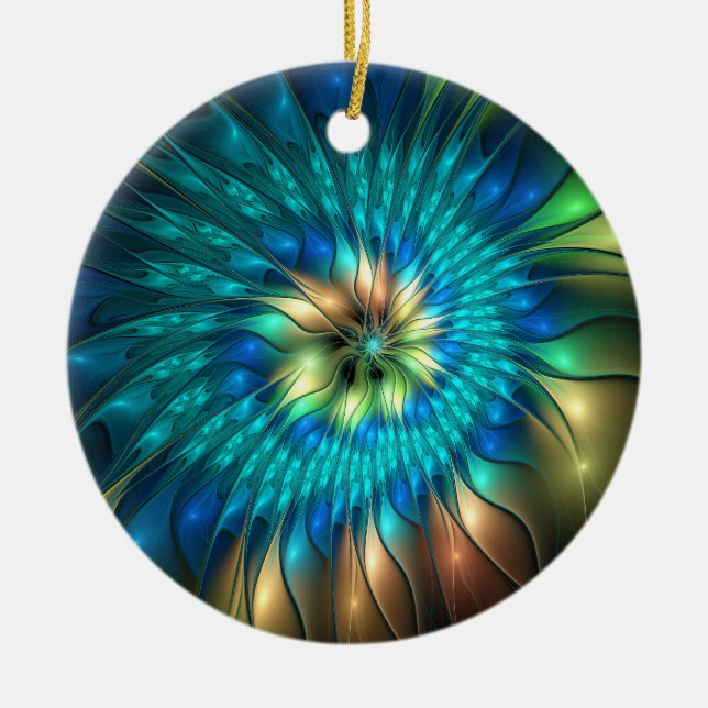 Leuchtende Fantasie-Blume, buntes Abstraktes Frakt Keramik Ornament (Vorne)