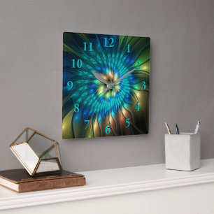 Leuchtende Fantasy-Blume, farbenfrohes abstraktes Quadratische Wanduhr