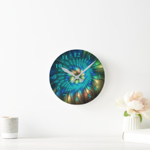 Leuchtende Fantasy-Blume, farbenfrohes abstraktes  Runde Wanduhr