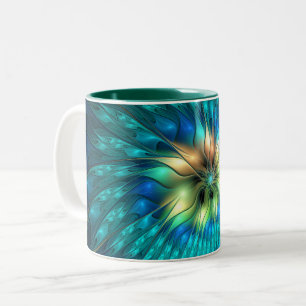 Leuchtende Fantasy-Blume, farbenfrohes abstraktes Zweifarbige Tasse