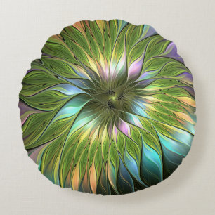 Leuchtende farbenfrohe Fantasy-Blumen-Fraktal-Kuns Rundes Kissen