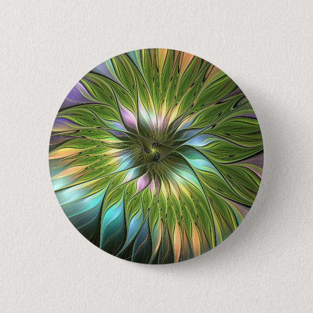 Leuchtende Farbige Fantasy-Blumen-Fraktal-Kunst Button (Vorderseite)