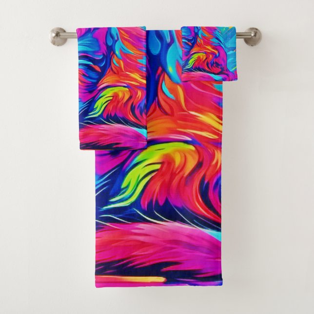 Leuchtende Feline: farbenfrohe Neonkatze Badhandtuch Set (Insitu)