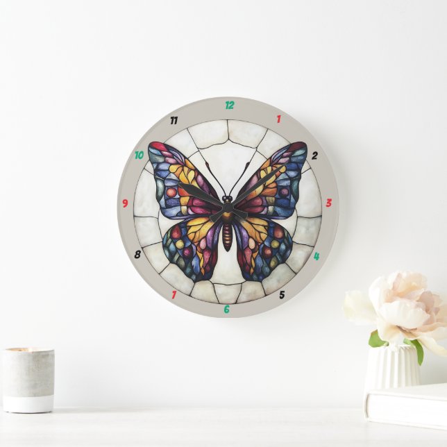 Leuchtende Flügel" - verklebte Glasschmetterlinge Große Wanduhr (Zuhause)