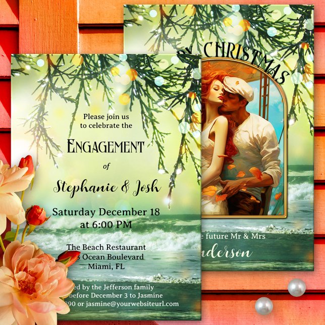 Leuchtende Lights Beach Foto Engagement Party Einladung (Festive photo engagement party invitation showing a beach with sparkling bokeh lights on pine twigs)