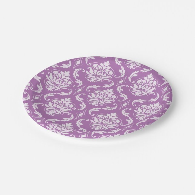 Leuchtende Orchideen-klassisches Damast-Muster Pappteller (Schrägansicht)