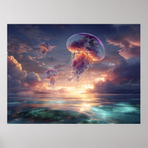 Leuchtende Quallen im Sonnenuntergangs-Himmel Poster