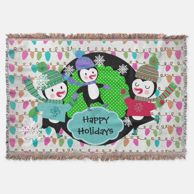 Leuchtende Skaten Pinguine Holiday Throw Decke (Vorderseite)
