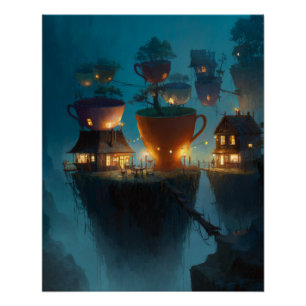 Leuchtende Teetassenhäuser in nebliger Fantasie Poster